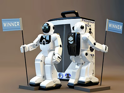 Two White Robots Holding Winner Flags In Front Of Program Display Case 3d model