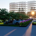 Modern Building Parking Lot With Luxury Cars Greenery And Sunset View