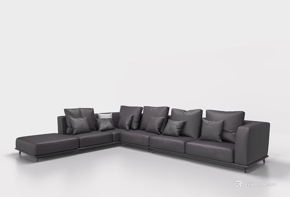 Modern Gray Leather Sectional Sofa With Multiple Soft Cushions For Living Room 3d model