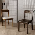 Simple Wooden Dining Chairs With White Cushion And Dark Seat By Stripe Wall And Green Plant