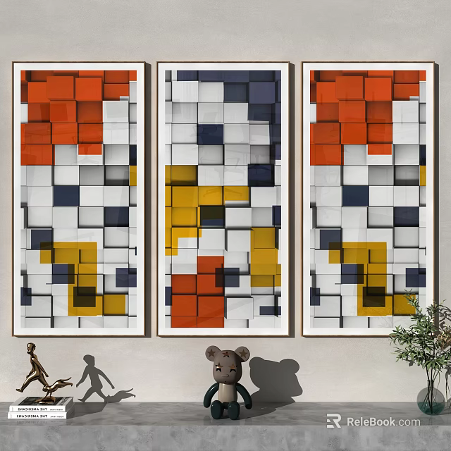 Three Panel Modern Abstract Paintings With Colorful Geometric Square Patterns On Wall 3d model