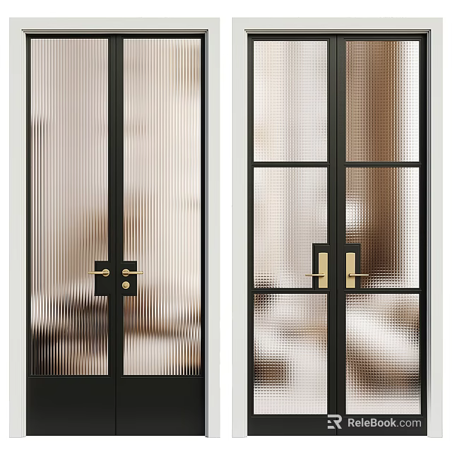 Modern Double Doors With Black Frame Glass Panels And Golden Handles Design 3d model 