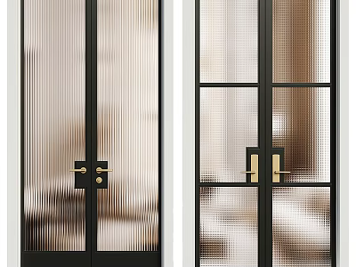 Modern Double Doors With Black Frame Glass Panels And Golden Handles Design 3d model