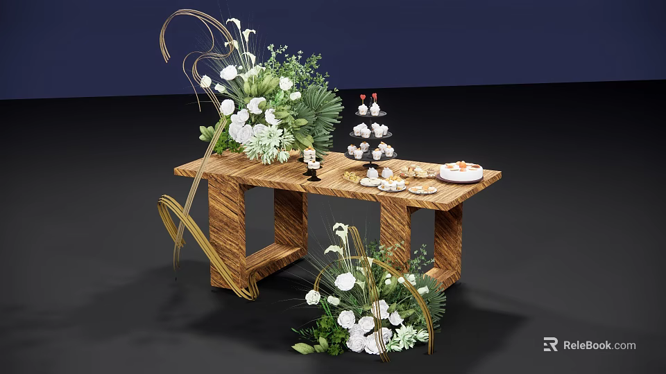 Elegant Wooden Table Setup With Fresh Flower Arrangement Dessert Tower And Green Plants 3d model 