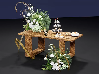 Elegant Wooden Table Setup With Fresh Flower Arrangement Dessert Tower And Green Plants 3d model