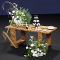 Elegant Wooden Table Setup With Fresh Flower Arrangement Dessert Tower And Green Plants