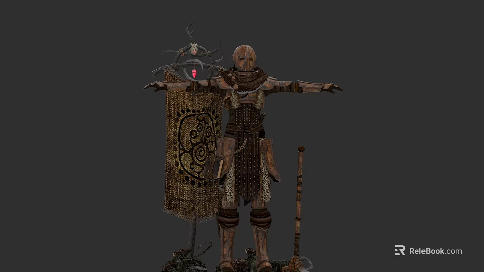 Fantasy Game Movie Character in Ancient Armor with Patterned Shield and Staff 3d model 