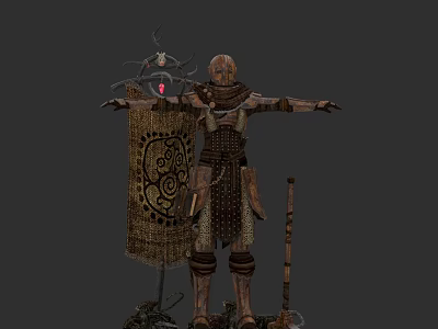 Fantasy Game Movie Character in Ancient Armor with Patterned Shield and Staff 3d model