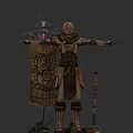 Fantasy Game Movie Character in Ancient Armor with Patterned Shield and Staff