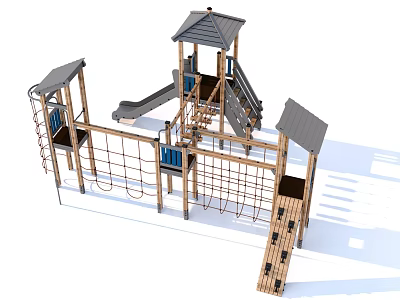 Outdoor Wooden Playground Equipment With Slide Climbing Net And Roof Structure 3d model