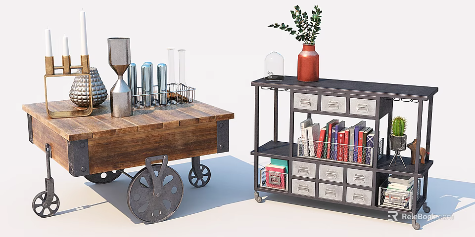 Wooden Trolley Coffee Table With Metal Wheels Hourglass Test Tubes And Candle Holder 3d model 