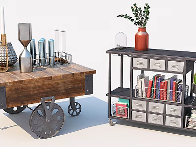 Wooden Trolley Coffee Table With Metal Wheels Hourglass Test Tubes And Candle Holder 3d model
