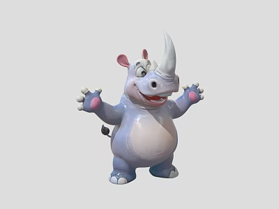 Cute 3D Cartoon Rhinoceros Sculpture With Light Blue Body Pink Ears Palms And Open Arms 3d model