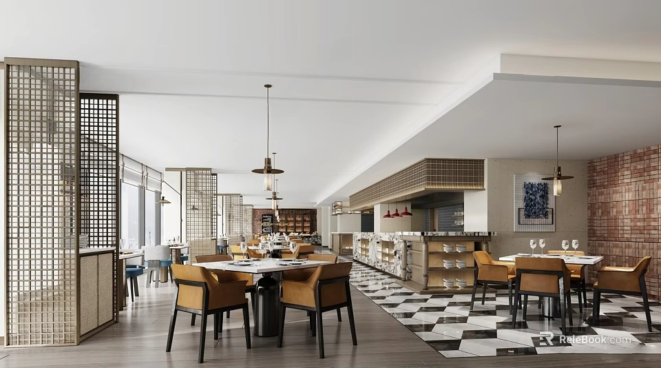 Modern Restaurant Interior With Checkered Floor Hanging Lights Wooden Tables And Screens 3d model 