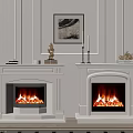 Double White Fireplaces with Flaming Logs Decorative Sculptures Candles and Artwork in Modern Interior