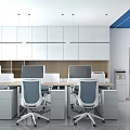 Modern Public Office Interior with Desks Computer Monitors Gray Chairs White Storage Cabinets Blue Ceiling 3d model