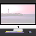 Sleek Electronic Desktop Computer Setup With iMac Monitor Colorful Keyboard Purple Mouse And Lighthouse Screen