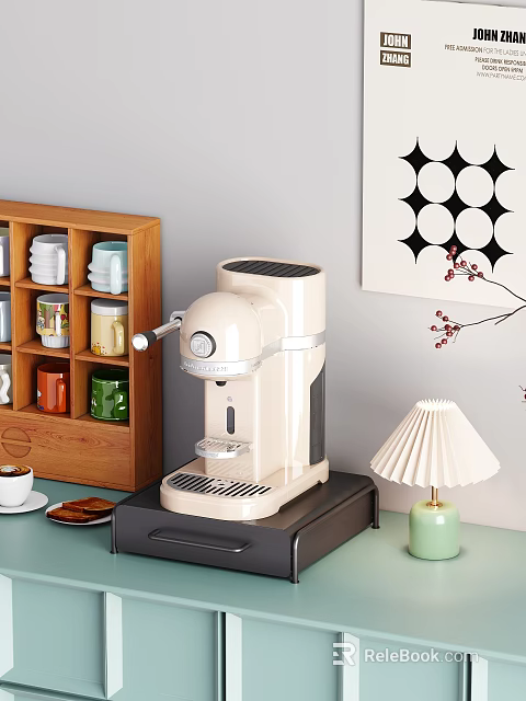 Elegant Modern Dining Table And Chair Set With Wooden Shelf Table Lamp And Coffee Cup 3d model 
