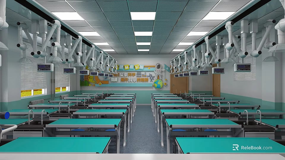 Bright Modern Laboratory Interior With Green Lab Tables Hanging Equipment And Overhead Lights 3d model 