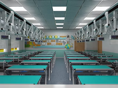 Bright Modern Laboratory Interior With Green Lab Tables Hanging Equipment And Overhead Lights 3d model