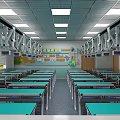 Bright Modern Laboratory Interior With Green Lab Tables Hanging Equipment And Overhead Lights