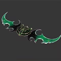 Green Glowing Double Scythe Weapon With Flame Shaped Edges And Central Emblem