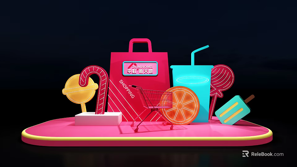 Colorful Shopping Scene With Bag Cart Ice Cream Lollipop Orange Slice And Drinks 3d model 