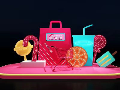 Colorful Shopping Scene With Bag Cart Ice Cream Lollipop Orange Slice And Drinks 3d model