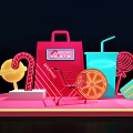 Colorful Shopping Scene With Bag Cart Ice Cream Lollipop Orange Slice And Drinks