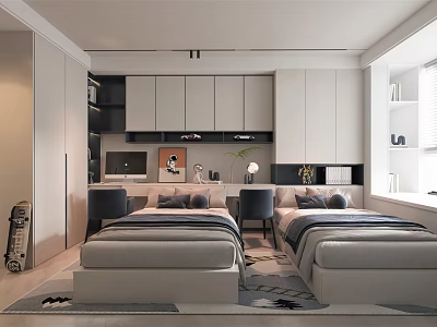 Modern Kids Room Interior Design With Twin Beds Storage Cabinets Study Desk And Rug 3d model