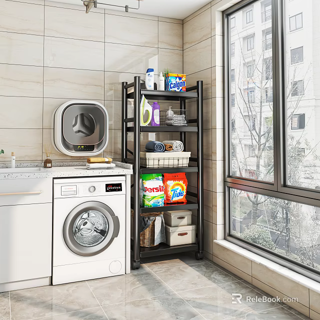 Practical Bathroom Storage Shelf With Laundry Detergent Towels Next To White Washing Machine By Window 3d model 