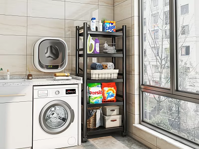 Practical Bathroom Storage Shelf With Laundry Detergent Towels Next To White Washing Machine By Window 3d model