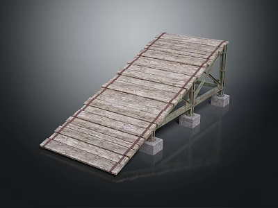 Sturdy Wooden Ramp Bridge Structure With Metal Support Frame And Concrete Bases 3d model