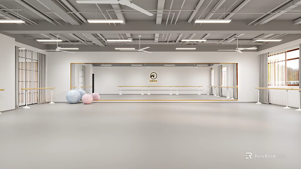 Spacious Sports Fitness Dance Studio With Barre Mirrors And Exercise Balls 3d model 