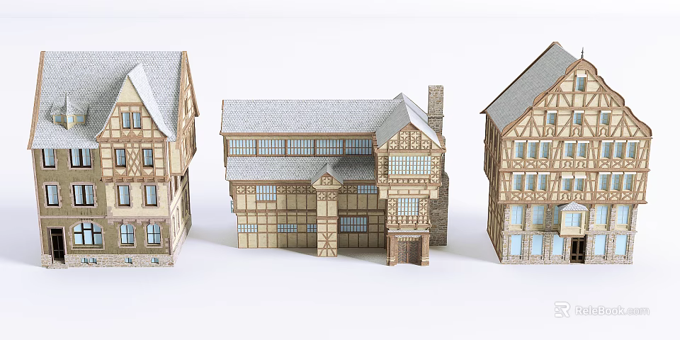 Tudor Style Wooden Model Houses With Timber Frame And Sloped Roofs 3d model 