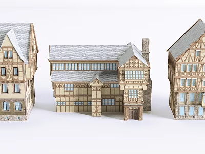 Tudor Style Wooden Model Houses With Timber Frame And Sloped Roofs 3d model