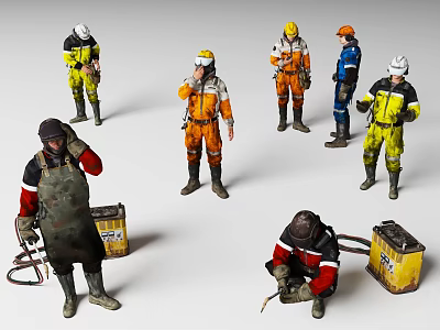 Workers in Various Colored Safety Uniforms Wearing Hard Hats and Tools 3d model