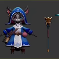 Game Movie Character Cat Like In Blue Hooded Cloak With Magic Flaming Staff And Bag