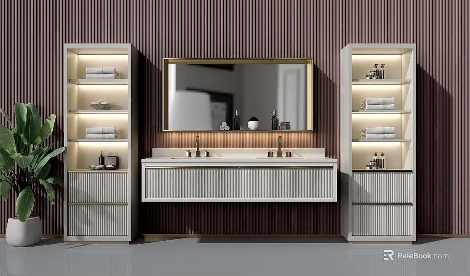 Modern Bathroom Vanity With Double Sinks Gold Framed Mirror Illuminated Cabinets And Vertical Striped Wall 3d model 
