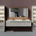 Modern Bathroom Vanity With Double Sinks Gold Framed Mirror Illuminated Cabinets And Vertical Striped Wall