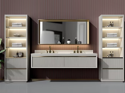 Modern Bathroom Vanity With Double Sinks Gold Framed Mirror Illuminated Cabinets And Vertical Striped Wall 3d model