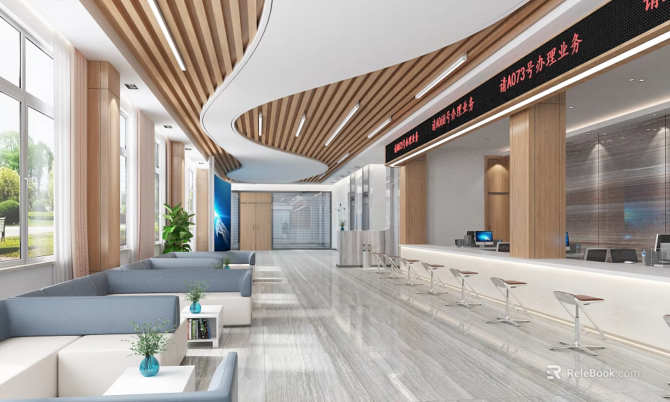 Modern Service Hall Interior Design With Wooden Decor Marble Floor Reception Desk And Sofa Seating 3d model 