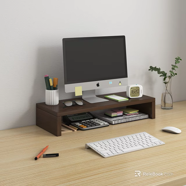 Organized Wooden Desk Setup With Computer Monitor Clock Pencil Holder Calculator Notebooks Mouse And Keyboard 3d model 