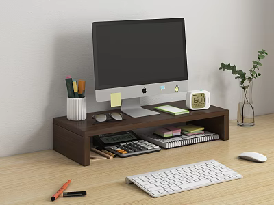 Organized Wooden Desk Setup With Computer Monitor Clock Pencil Holder Calculator Notebooks Mouse And Keyboard 3d model