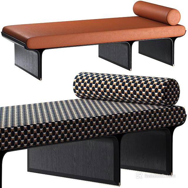 Orange And Black White Checkerboard Dot Pattern Bench With Upholstered Seat And Black Legs 3d model 