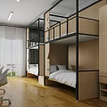 Modern Dorm Room Interior With Bunk Bed Desk Chair And Wooden Floor