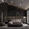 Modern Bedroom Interior Design With Stone Accent Wall Tufted Bed And Floor To Ceiling Windows