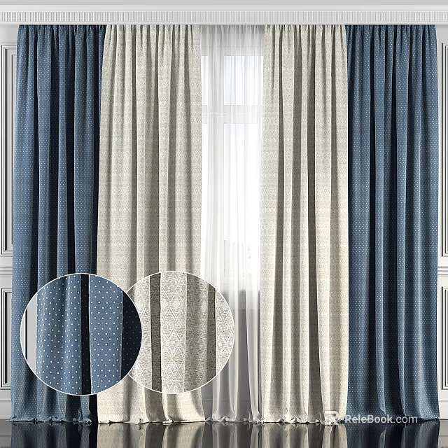 Stylish Curtains With Blue And Beige Patterns For Modern Window Decoration 3d model 