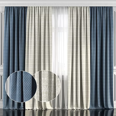 Stylish Curtains With Blue And Beige Patterns For Modern Window Decoration 3d model