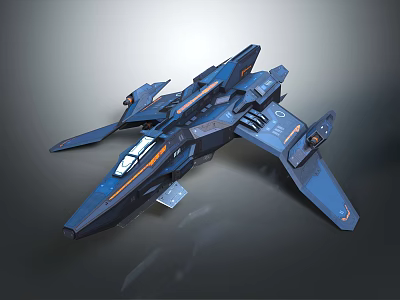 Blue Sci-Fi Spaceship With Sleek Design Futuristic Wings And Orange Cockpit Accents 3d model